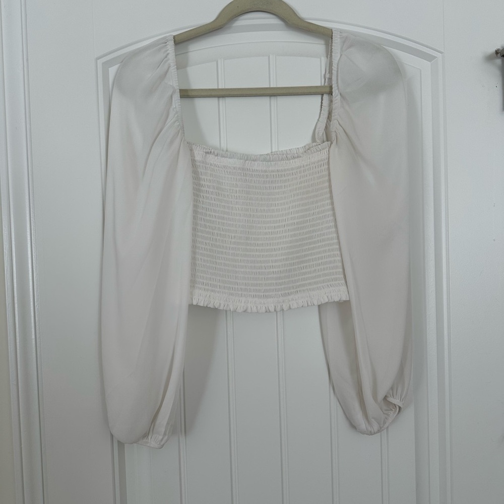 Smocked Off-Shoulder Long Sleeve Crop Top - Cream